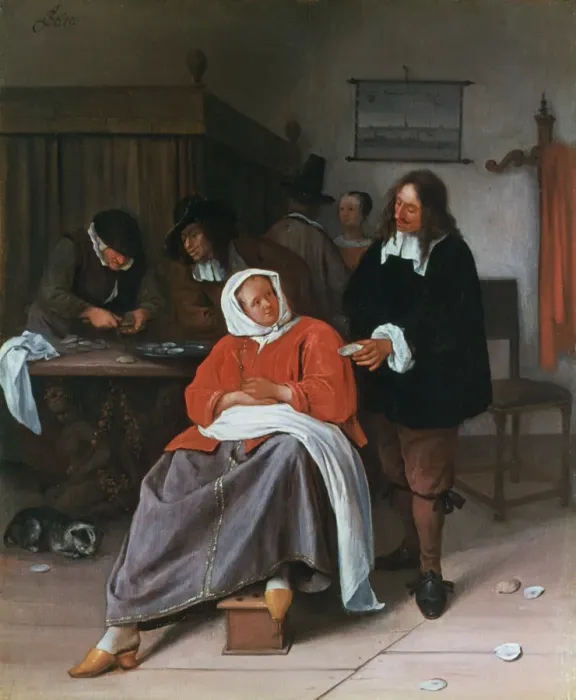 Framed Print : A Man Offering an Oyster to a Woman, c1660-1665. Artist: Jan Steen Framed Print : A Man Offering an Oyster to a Woman, c1660-1665. Artist: Jan Steen