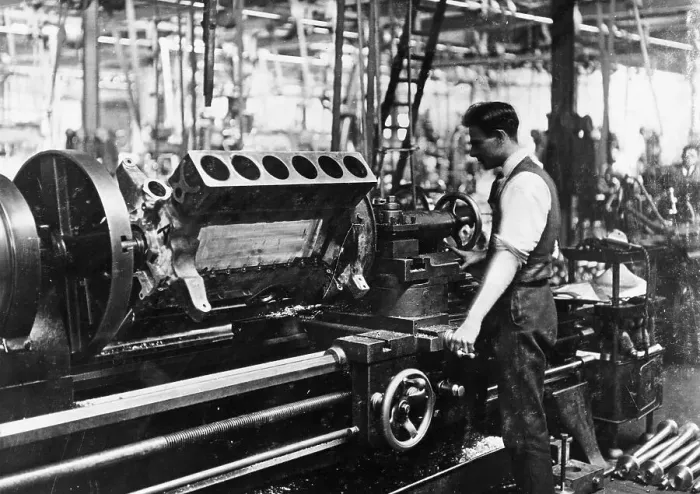 Framed Print : A man operating a jig at the Napier works, July 1920 Framed Print : A man operating a jig at the Napier works, July 1920