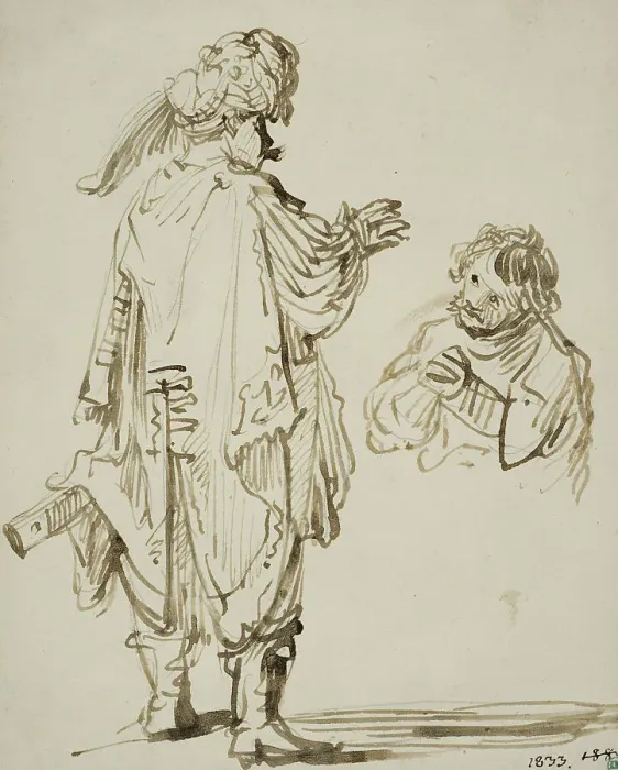 Framed Print : Man in oriental costume gesturing to a kneeling man. Creator: Rembrandt Harmensz van Rijn Framed Print : Man in oriental costume gesturing to a kneeling man. Creator: Rembrandt Harmensz van Rijn