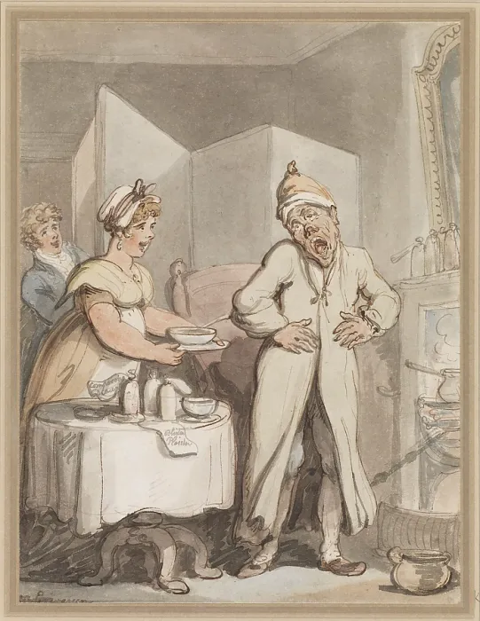 Framed Print : A man in pain receiving medicines from a housemaid, c1800s. Creator: Thomas Rowlandson Framed Print : A man in pain receiving medicines from a housemaid, c1800s. Creator: Thomas Rowlandson