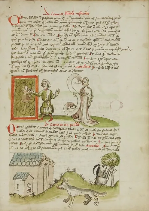 Framed Print : A Man Painting a Picture of his Wife: A Wolf before a House with... third quarter of 15th century. Creator: Unknown Framed Print : A Man Painting a Picture of his Wife: A Wolf before a House with... third quarter of 15th century. Creator: Unknown