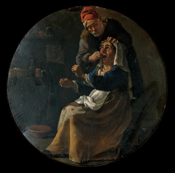 Framed Print : A man performing a painful operation on a woman's tooth. Creator: Pieter van Laer. A man performing a painful operation on a woman's tooth. Creator: Pieter van Laer Framed Print : A man performing a painful operation on a woman's tooth. Creator: Pieter van Laer. A man performing a painful operation on a woman's tooth. Creator: Pieter van Laer