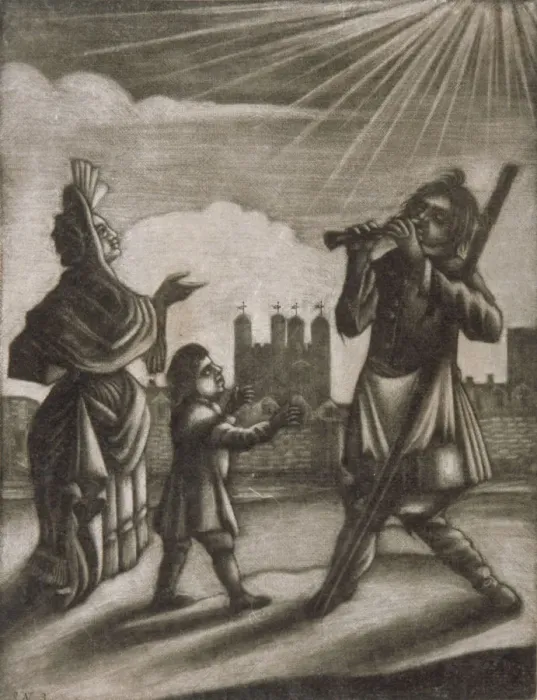Framed Print : Man piping and a woman and child dancing near the walls of the Tower of London, c1770 Framed Print : Man piping and a woman and child dancing near the walls of the Tower of London, c1770