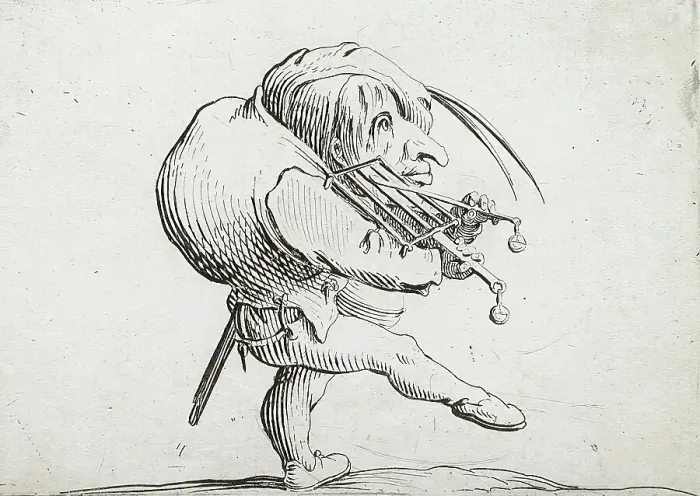 Framed Print : Man Playing a Grill in the Manner of a Violin, 1616. Creator: Jacques Callot Framed Print : Man Playing a Grill in the Manner of a Violin, 1616. Creator: Jacques Callot