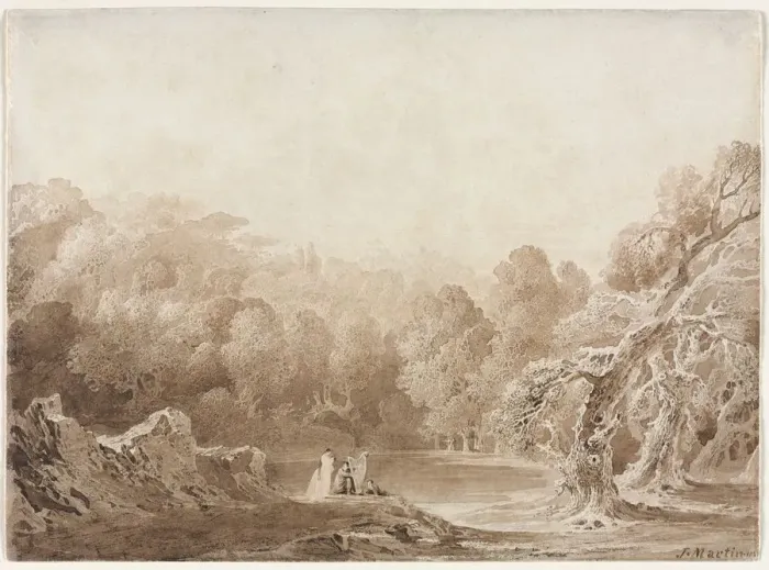 Framed Print : A Man Playing a Harp with other Figures beside a Lake, 1820. Creator: John Martin (British Framed Print : A Man Playing a Harp with other Figures beside a Lake, 1820. Creator: John Martin (British