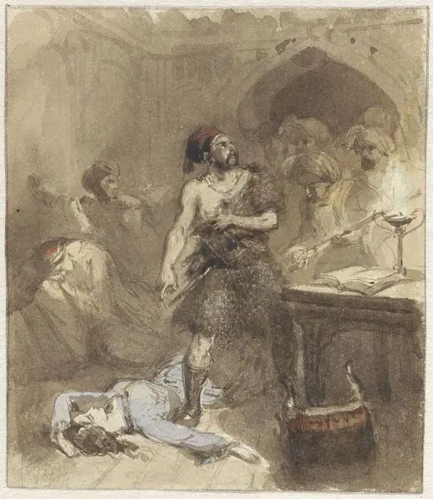 Framed Print : A man pointing to a woman lying on the floor, 1824-1888. Creator: Charles Rochussen Framed Print : A man pointing to a woman lying on the floor, 1824-1888. Creator: Charles Rochussen
