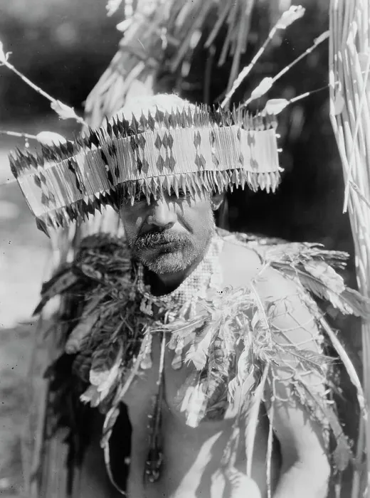 Framed Print : Man in Pomo dance costume, half-length portrait, facing front, c1924. Creator: Edward Sheriff Curtis Framed Print : Man in Pomo dance costume, half-length portrait, facing front, c1924. Creator: Edward Sheriff Curtis