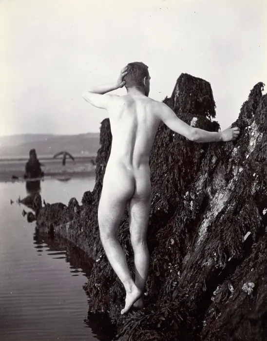 Framed Print : A man posing naked, with his back to the camera, standing on a rocky outcrop, c1900. Creator: Unknown Framed Print : A man posing naked, with his back to the camera, standing on a rocky outcrop, c1900. Creator: Unknown