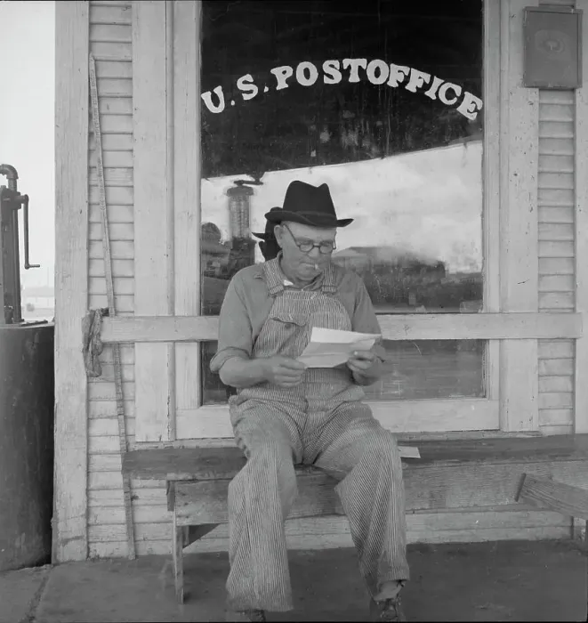 Framed Print : Man in front of post office, Carey, Texas, 1937. Creator: Dorothea Lange Framed Print : Man in front of post office, Carey, Texas, 1937. Creator: Dorothea Lange