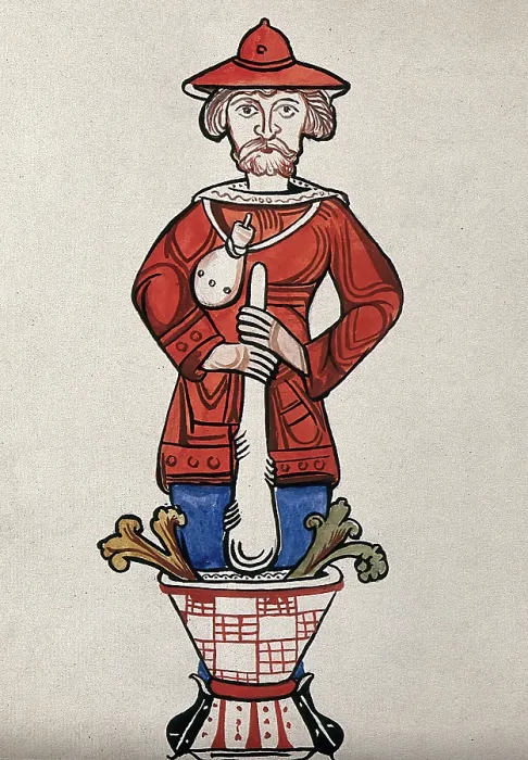 Framed Print : A man pounding a mixture with a pestle and mortar - an emblem from a drug jar. Creator: Unknown