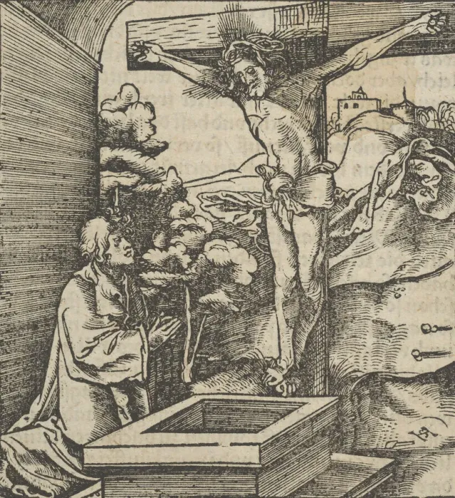 Framed Print : A Man Praying before a Crucifix, from Hymmelwagen auff dem, wer wol lebt... 1517 Framed Print : A Man Praying before a Crucifix, from Hymmelwagen auff dem, wer wol lebt... 1517
