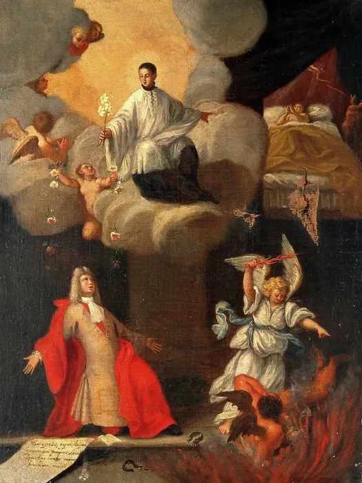 Framed Print : A man praying to a saint to assist in the cure of a sick child, devils departing, unknown date. Creator: Unknown