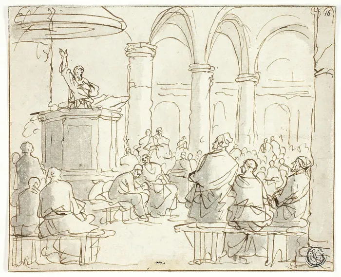 Framed Print : Man Preaching to Congregation, n.d. Creator: Jan Luyken Framed Print : Man Preaching to Congregation, n.d. Creator: Jan Luyken