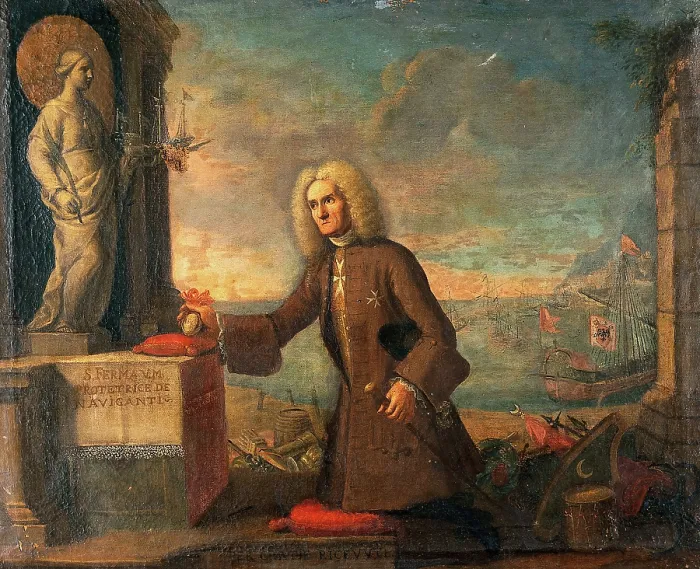 Framed Print : A man presenting a votive offering to Saint Fermina as protector of navigators. Creator: Unknown Framed Print : A man presenting a votive offering to Saint Fermina as protector of navigators. Creator: Unknown