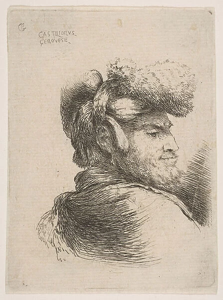 Man in profile facing right, wearing a fur hat, from series of Small Heads in Orie