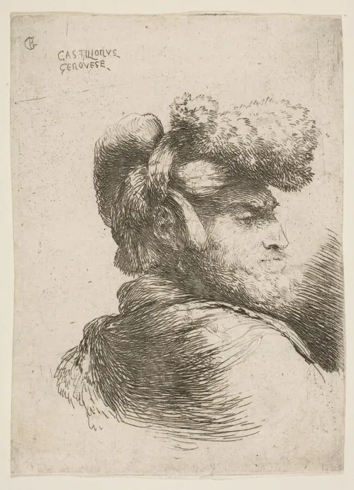Framed Print : Man in profile facing right, wearing a fur hat, from series of Small Heads in Or... ca Framed Print : Man in profile facing right, wearing a fur hat, from series of Small Heads in Or... ca