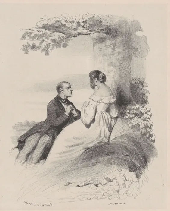 Framed Print : Man Proposing to a Woman whose Face is Hidden by Hair, ca. 1830-65 Framed Print : Man Proposing to a Woman whose Face is Hidden by Hair, ca. 1830-65