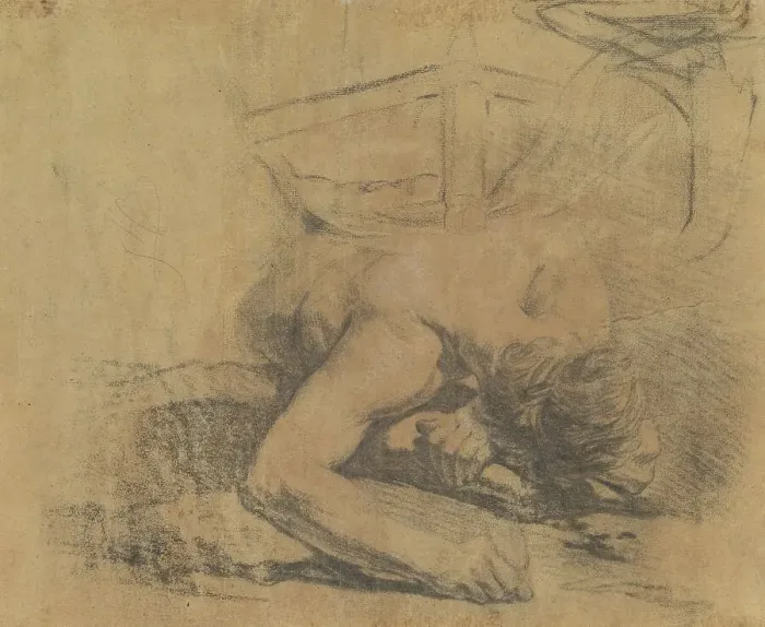 Framed Print : Man Reclining on the Ground and the Corner of a Bed [verso], 1758 / 1765. Creator: Jean-Baptiste Deshays