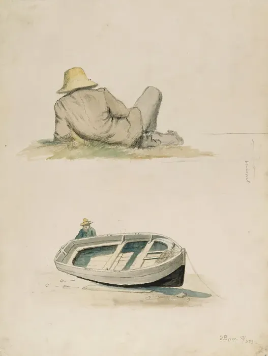 Framed Print : A man resting his back on the grass; A man and a beached boat, 1883. Creator: Oscar Kleineh Framed Print : A man resting his back on the grass; A man and a beached boat, 1883. Creator: Oscar Kleineh