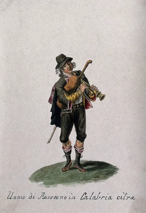 Framed Print : A man from Rossano in Calabria playing the bagpipes, 1800-1899. Creator: Unknown Framed Print : A man from Rossano in Calabria playing the bagpipes, 1800-1899. Creator: Unknown