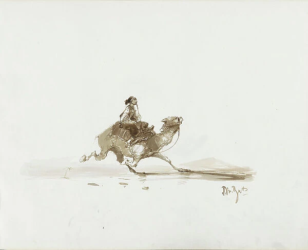 Man on a running camel in a desert landscape, 1830-1860. Creator: Albertus van Beest