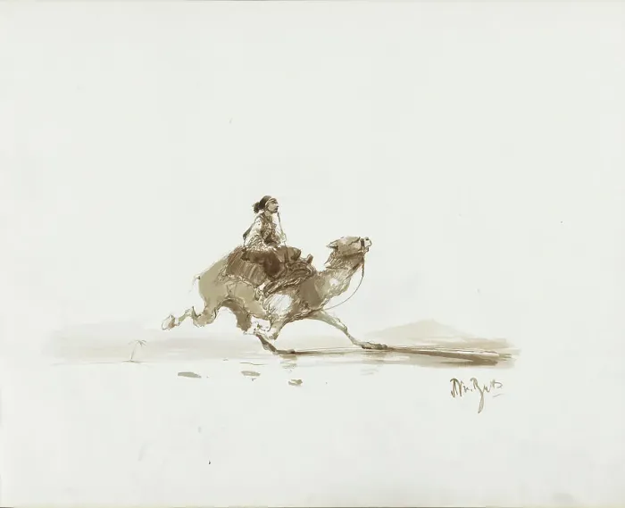 Framed Print : Man on a running camel in a desert landscape, 1830-1860. Creator: Albertus van Beest Framed Print : Man on a running camel in a desert landscape, 1830-1860. Creator: Albertus van Beest
