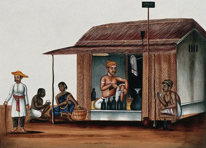 Framed Print : A man seated in a arrack shop pours a drink, (between 1800 and 1899?). Creator: Unknown Framed Print : A man seated in a arrack shop pours a drink, (between 1800 and 1899?). Creator: Unknown