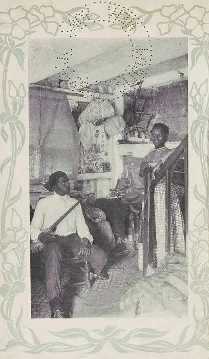 Framed Print : Man seated with banjo next to woman at stairs, 1903. Creator: Camera Club Framed Print : Man seated with banjo next to woman at stairs, 1903. Creator: Camera Club