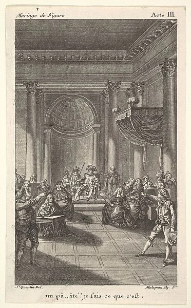 A man seated in a chair on a stepped platform holds an audience, two pointing men stan