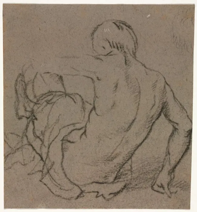 Framed Print : Man Seated on the Ground, Seen from Behind (recto), 1500s. Creator: Unknown Framed Print : Man Seated on the Ground, Seen from Behind (recto), 1500s. Creator: Unknown