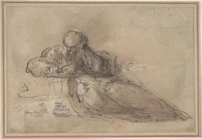 Framed Print : Man Seated on the Ground, Writing, 17th century. Creator: Anon Framed Print : Man Seated on the Ground, Writing, 17th century. Creator: Anon