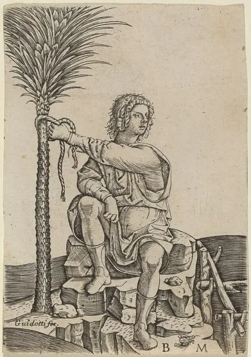 Framed Print : Man Seated by a Palm Tree, c. 1510 / 1515. Creator: Benedetto Montagna Framed Print : Man Seated by a Palm Tree, c. 1510 / 1515. Creator: Benedetto Montagna