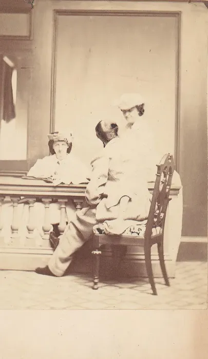 Framed Print : Man, Seen from the Back, Conversing with Two Woman, 1860s. Creator: Unknown Framed Print : Man, Seen from the Back, Conversing with Two Woman, 1860s. Creator: Unknown
