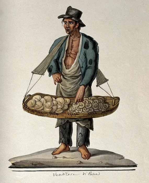 Framed Print : A man selling bread from a large basket hanging from his shoulders, 1800-1899. Creator: Unknown Framed Print : A man selling bread from a large basket hanging from his shoulders, 1800-1899. Creator: Unknown