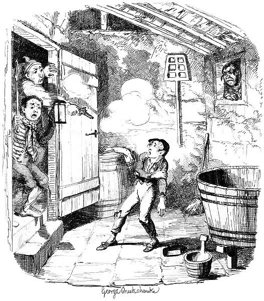 A man shoots a young boy who he suspects of stealing, 19th century. Artist: George Cruikshank