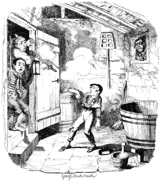 Framed Print : A man shoots a young boy who he suspects of stealing, 19th century. Artist: George Cruikshank Framed Print : A man shoots a young boy who he suspects of stealing, 19th century. Artist: George Cruikshank