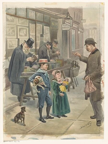 Man shows two children toys on the pavement outside a print shop, c.1875-c.1925. Creator: Pedro de Weyer