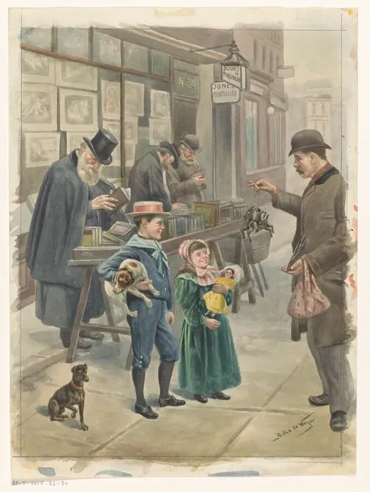 Framed Print : Man shows two children toys on the pavement outside a print shop, c.1875-c.1925. Creator: Pedro de Weyer Framed Print : Man shows two children toys on the pavement outside a print shop, c.1875-c.1925. Creator: Pedro de Weyer