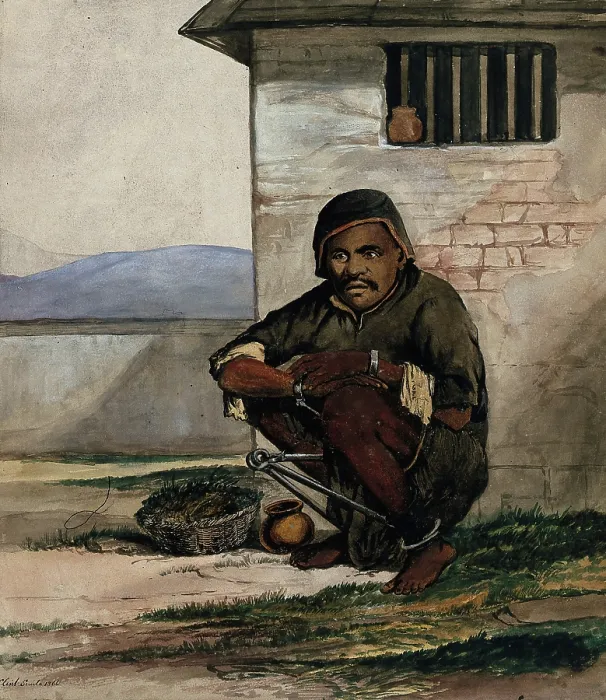 Framed Print : A man of Simla, squatting in a prison with manacles around his ankles, 1866. Creator: R Clint Framed Print : A man of Simla, squatting in a prison with manacles around his ankles, 1866. Creator: R Clint