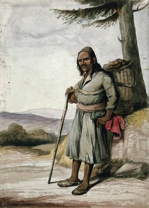 Framed Print : A man of Simla, standing with a panier on his back, 1866. Creator: R Clint Framed Print : A man of Simla, standing with a panier on his back, 1866. Creator: R Clint