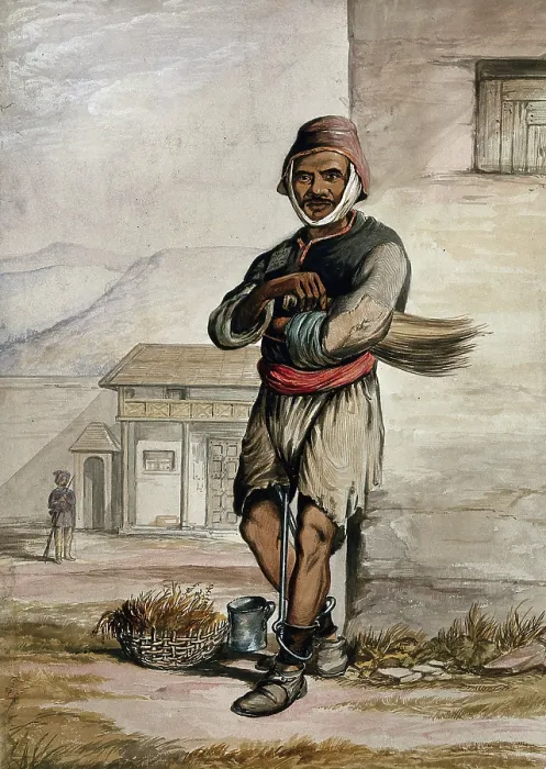 Framed Print : A man of Simla, standing in a prison with manacles around his ankles, 1866. Creator: R Clint Framed Print : A man of Simla, standing in a prison with manacles around his ankles, 1866. Creator: R Clint