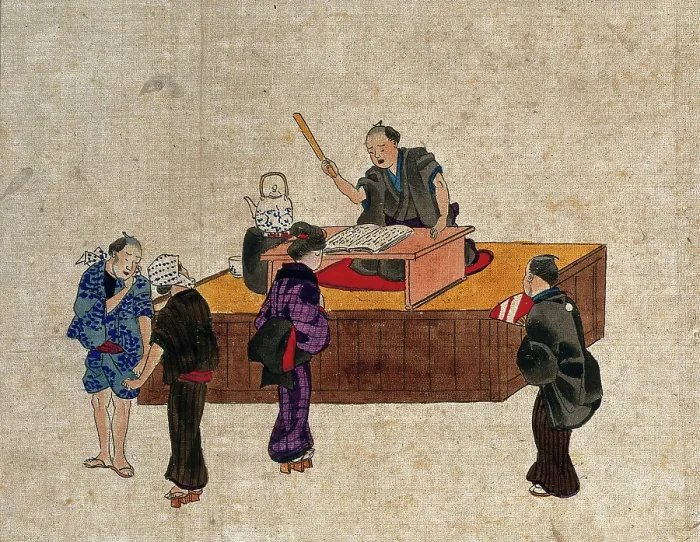 Framed Print : A man sits at a table on a platform reciting from a book, while three... (between 1800 and 1899?). Creator: Unknown Framed Print : A man sits at a table on a platform reciting from a book, while three... (between 1800 and 1899?). Creator: Unknown