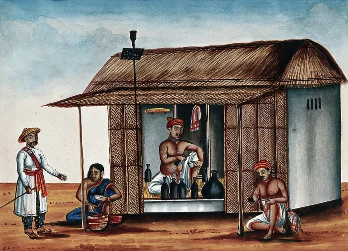 Framed Print : A man sitting in an arrack shop, a guard buying a drink from a woman... (between 1800 and 1899?). Creator: Unknown Framed Print : A man sitting in an arrack shop, a guard buying a drink from a woman... (between 1800 and 1899?). Creator: Unknown
