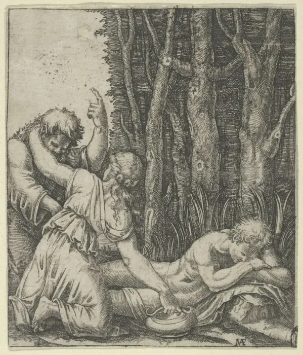 Framed Print : Man sleeping at the edge of a wood with a woman knealing at his side with one han... ca. 1500-1534. Creator: Marcantonio Raimondi Framed Print : Man sleeping at the edge of a wood with a woman knealing at his side with one han... ca. 1500-1534. Creator: Marcantonio Raimondi
