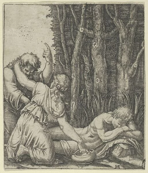 Man sleeping at the edge of a wood with a woman knealing at his side with one han... ca. 1500-1534. Creator: Marcantonio Raimondi