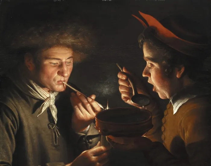 Framed Print : A Man Smoking and Another Man Eating by Candlelight, 1624. Creator: Willem Willemsz. van der Vliet Framed Print : A Man Smoking and Another Man Eating by Candlelight, 1624. Creator: Willem Willemsz. van der Vliet