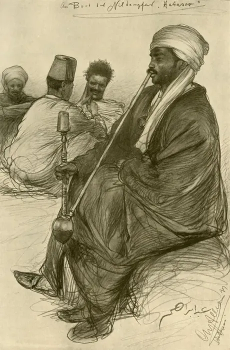 Framed Print : Man smoking a water pipe on board the Hatasoo steamboat, Egypt, 1898