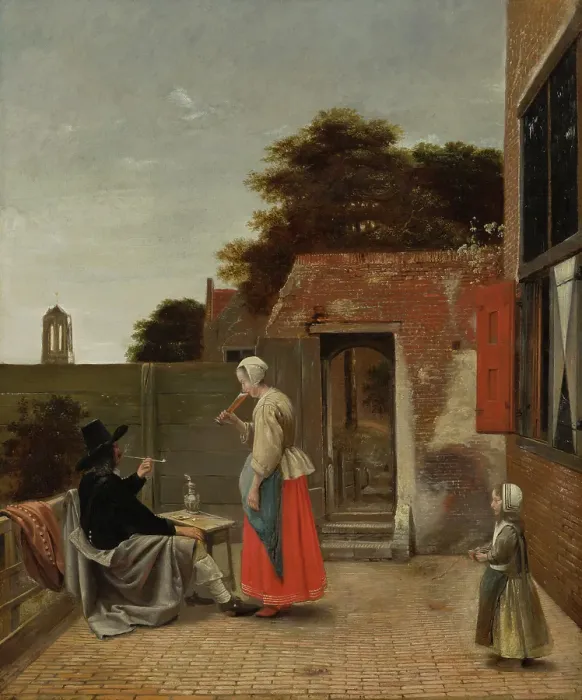 Framed Print : A Man Smoking and a Woman Drinking in a Courtyard. Creator: Pieter de Hooch