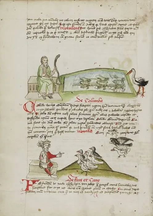 Framed Print : A Man with a Snake in his Hand: A King Speaking to a Flock of Doves, third quarter of 15th century. Creator: Unknown