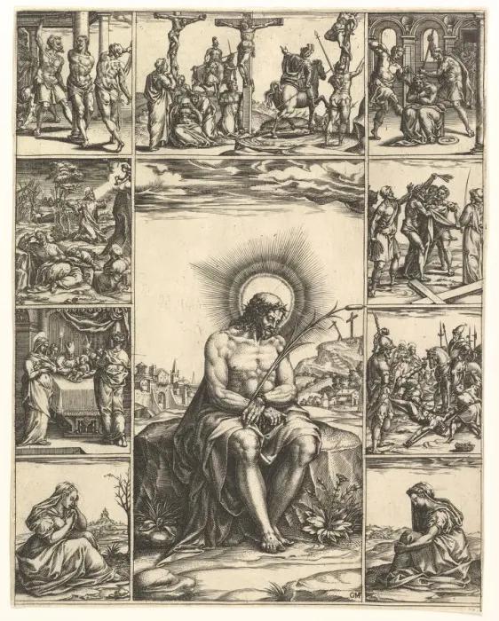 Framed Print : The Man of Sorrows; an image of Christ surrounded by nine vignettes depicting scenes of Framed Print : The Man of Sorrows; an image of Christ surrounded by nine vignettes depicting scenes of
